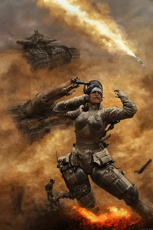 Image similar to a cyborg woman leaping onto a wwi tank and smashing it, on a battlefield, smoke, fires, explosions, in the style of noriyoshi ohrai, close - up, low angle, wide angle, cinematic, hyper - realistic, highly detailed digital art