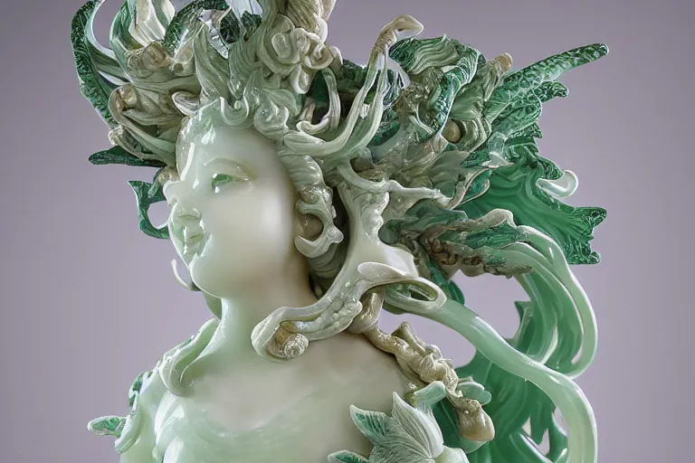 Image similar to a closeup photo, rococo alabaster and jade real delicate ceramic porcelain sculpture of an ornate detailed phoenix goddess in front of an intricate background by rafael, micro detail, backlit lighting, subsurface scattering, translucent, thin porcelain, emerald, jade, octane renderer, colorful, physically based rendering, trending on cgsociety