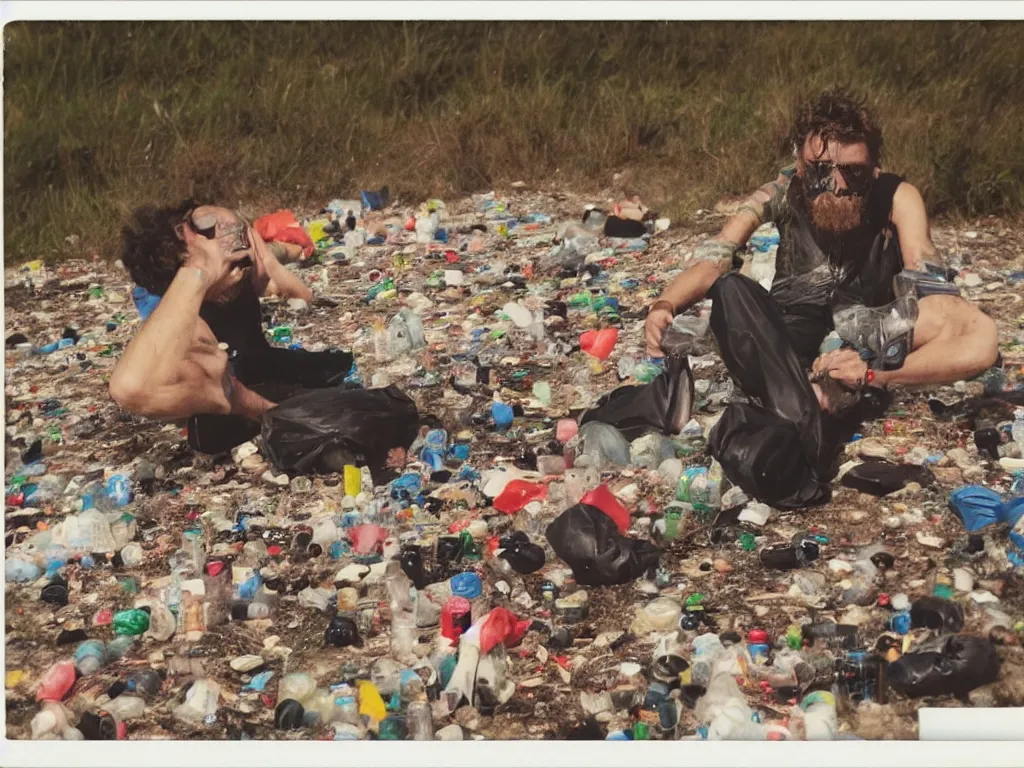 Image similar to lorenzo cherubini jovanotti alone crying surrounded by plastic bottles and garbage on a beach, polaroid color photo, ultra realistic