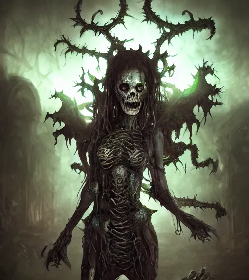 Image similar to gothic necrolord female with zombie servents, digital painting, liminal eerie midnight backlit, a picture taken by Michael Komarck and Daniel Ljunggren