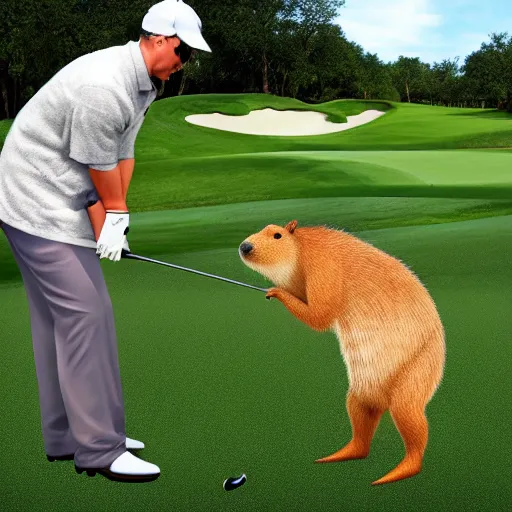 Prompt: Realistic anthropomorphic Capybara playing golf outside