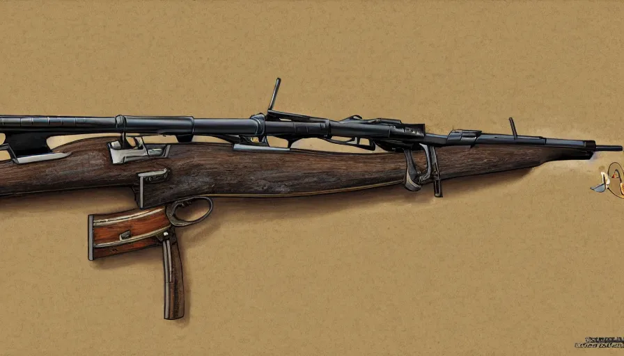 Image similar to Digital drawing of a muzzleloaded flintlock AK47 from the site grabAgun, gunbroker, white background, firearms, professional gunsmithing, top down drawing, gun auction, 4k. high quality, concept art, art by Jean Giraud and Shirow Masamune, reference, postapocalyptic