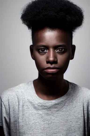 Prompt: portrait photo of a modern ( black ) non - binary person wearing a dark shirt, upper body avatar, kodak portra 1 6 0, chiaroscuro lighting, stylized bold outline, striking colour, default pose neutral expression, face on head shot, closeup, eye contact, sharp focus, flat grey background, 4 k, volumetric, french nouveau, ultra detail