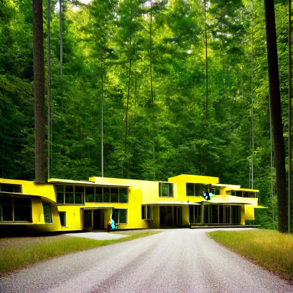 Image similar to a gravel road leading to a mid-century modern house with large windows in a forest, designed by Frank Gehry. Big tiles. Film grain, cinematic, yellow hue