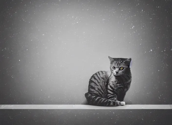 Image similar to photography of a Cat sitting on a box. in a room full of posters, photorealistic, raining award winning photo, 100mm, sharp, high res