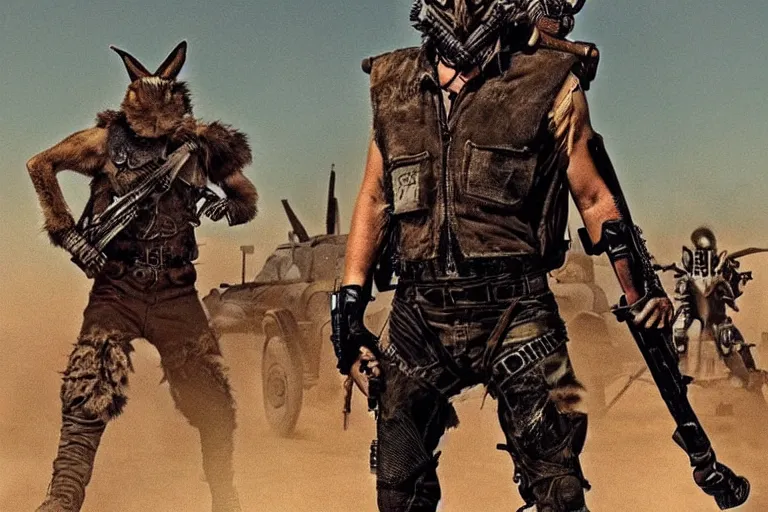 Image similar to a good ol'jackrabbit fursona ( from the furry fandom ), heavily armed and armored facing down armageddon in a dark and gritty version from the makers of mad max : fury road. witness me.