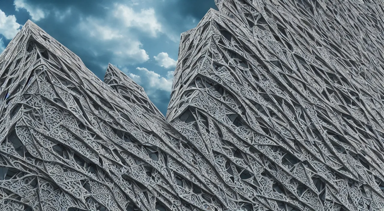 Prompt: intricate fractal patterned building facade using wood and glass with cloudy dramatic sky and grassy meadow, hyperrealism, 4 k octane render, photorealistic concept art, highly detailed