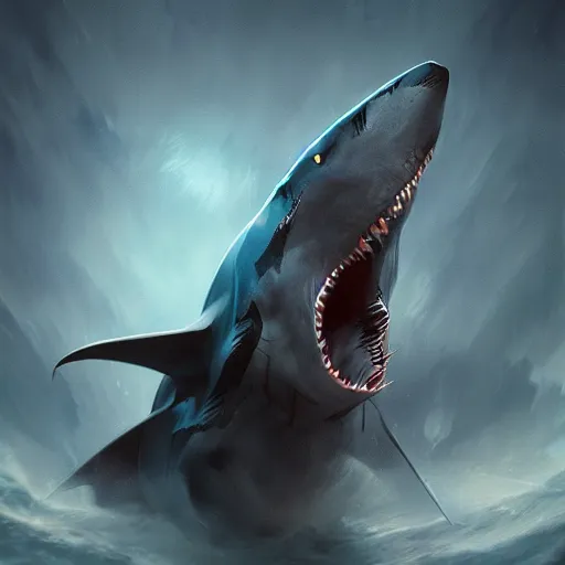 Image similar to album art divine holy shark spell effect ,digital art,photorealistic,art by greg rutkowski,hyperdetailed,western comic style,comic,comic style,sharp lineart,professional lighting,deviantart,artstation,trevor henderson,rossdtaws,cinematic,dramatic