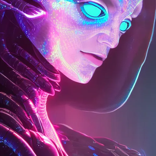 Image similar to alien cyborg holographic, translucent princess, detailed portrait, intricate complexity, by greg rutkowski, artgerm, ross tran, conrad roset, takato yomamoto, ilya kuvshinov. 4 k, beautiful, cinematic dramatic atmosphere