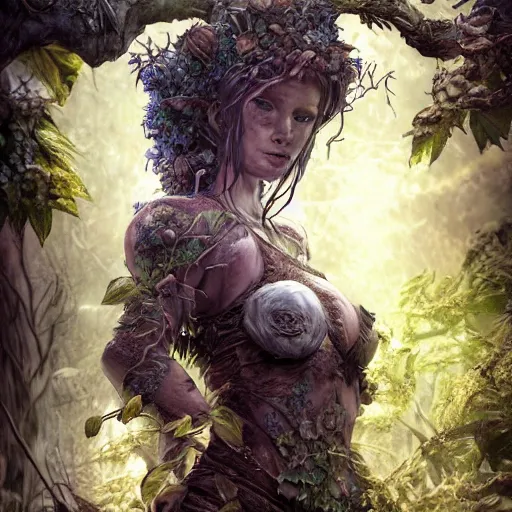 Prompt: high definition ink woodblock fantasy character art, hyper realistic, hyperrealism, elemental guardian of life, forest dryad, woody foliage, 8 k dop dof hdr fantasy character art, by aleski briclot and alexander'hollllow'fedosav and laura zalenga