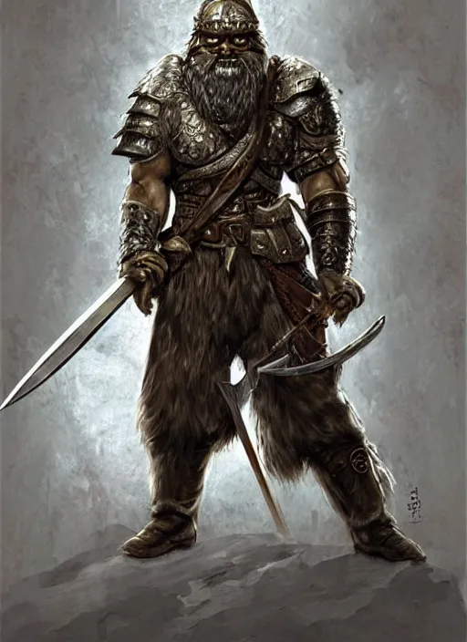 Image similar to strong young man, photorealistic bugbear ranger holding aflaming sword, black beard, dungeons and dragons, pathfinder, roleplaying game art, hunters gear, jeweled ornate leather and steel armour, concept art, character design on white background, by alan lee, norman rockwell, makoto shinkai, kim jung giu, poster art, game art