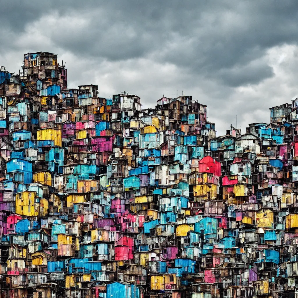 Prompt: close - up towers made up of colourful makeshift squatter shacks, bleached colours, dramatic cloudy sky, dystopia, mamiya, very detailed, ultra sharp, photographed by andy warhol