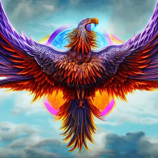 Image similar to artwork of a phoenix, highly detailed, artstation, rainbow colors, night black sky background, smooth illustration, digital art, unreal engine, ultra realistic, fine art, concept art