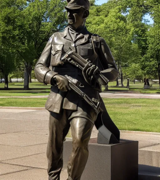 Image similar to a 4 k photorealistic photo medium shot waist up of a bronze statue of an american soldier with a rifle across his chest in a park