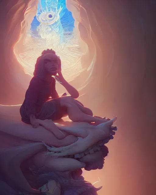 Image similar to highly detailed surreal vfx portrait of a sacred doodle, stephen bliss, unreal engine, greg rutkowski, loish, rhads, beeple, makoto shinkai and lois van baarle, ilya kuvshinov, rossdraws, tom bagshaw, alphonse mucha, global illumination, detailed and intricate environment