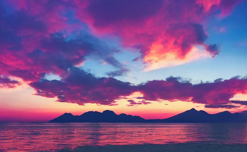 Image similar to beatiful landscape of the beach and mountains behind, vaporwave, sunset, photo