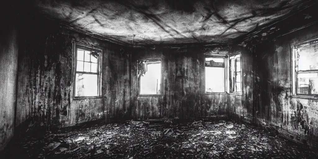 Prompt: a very dark room at night in a derelict house with one light, black and white, grungy