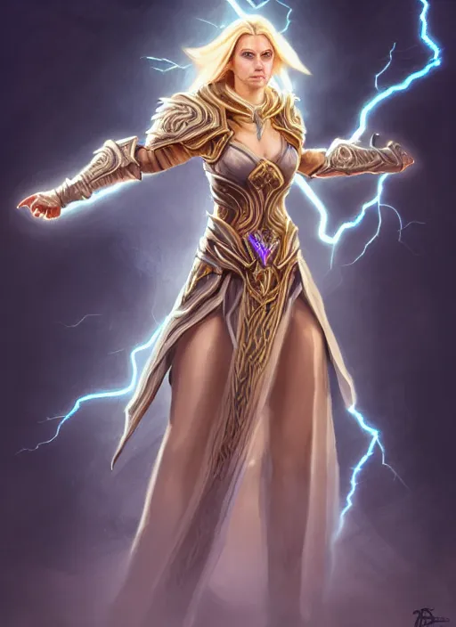 Prompt: portrait of an athletic female sorcerer yelling and casting a lightning spell as a diablo 3 character, looking at camera, her robe is infused with lightning bolts, D&D, lightning master, long blond hair, intricate, elegant, stylish, fantasy, extremely detailed, digital painting, artstation, concept art, smooth, sharp focus, illustration, ambient lighting, art by artgerm and greg rutkowski and alphonse mucha and simon stalenhag