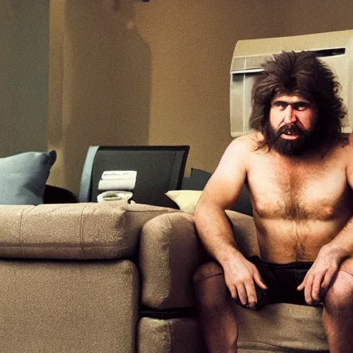 Prompt: caveman watching tv