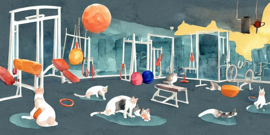 Image similar to watercolor illustration style, cute! cats training in fitness studio, sport equipment lay near