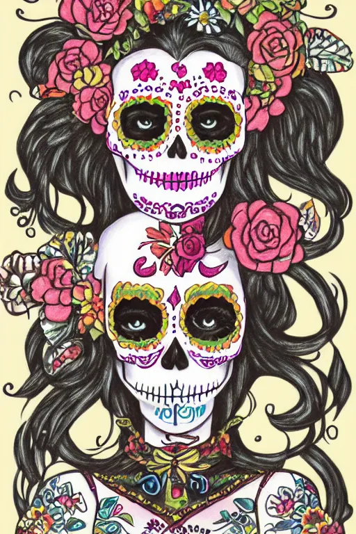 Image similar to Illustration of a sugar skull day of the dead girl, art by tsuguharu fujita