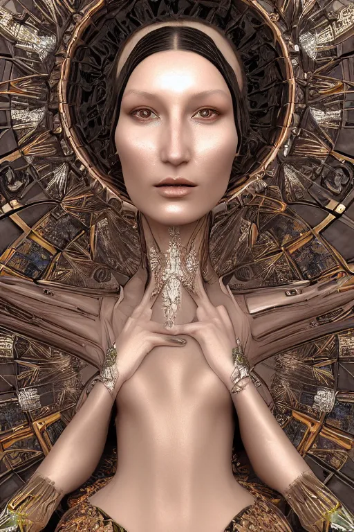 Image similar to a portrait of a beautiful ancient alien woman goddess bella hadid in iris van herpen dress in diamonds and fractals in style of alphonse mucha art nuvo dmt trending on artstation made in unreal engine 4