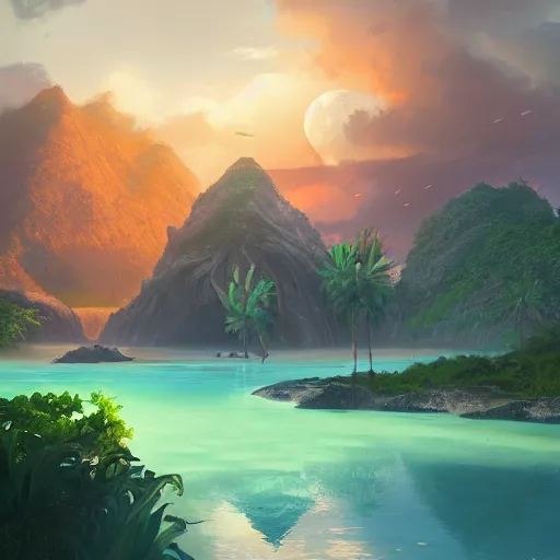 Image similar to matte painting of a beautiful lagoon from Uncharted games by Jordan Grimmer and Ken Sugimori, Trending on Artstation, digital Art, Octane Render, Pokemon anime, at dusk!!