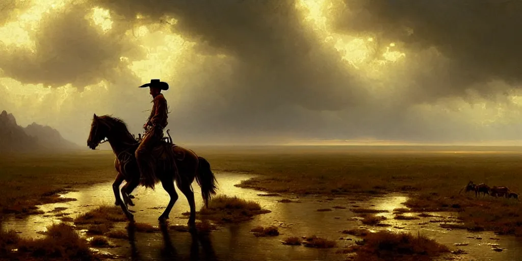 Image similar to a lonesome cowboy on his horse is crossing american plains with a small riverbed, mountaineous background, cloudy day, highly detailed, digital art, by greg rutkowski, by albert bierstadt