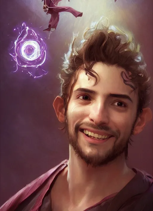 Image similar to character concept portrait of an attractive young smiling Spanish wizard with pink skin conjuring a love spell, a floating iridescent spell book in the center, intricate, elegant, digital painting, concept art, smooth, sharp focus, illustration, from Metal Gear, by Ruan Jia and Mandy Jurgens and William-Adolphe Bouguereau, Artgerm