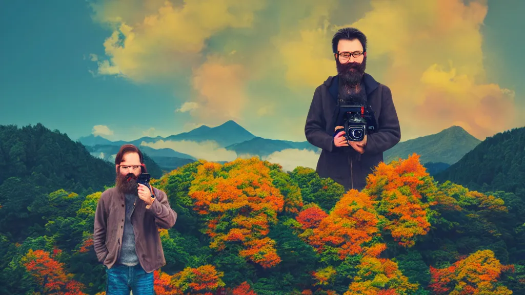 Image similar to portrait of a bearded german photographer holding up a dslr to take a photograph, at a vast temple under a vivid autumn sky, aomori japan, a collage painting, in the style of wes anderson, lola dupre, david hockney, isolated on negative white space background dark monochrome neon spraypaint accents volumetric octane render