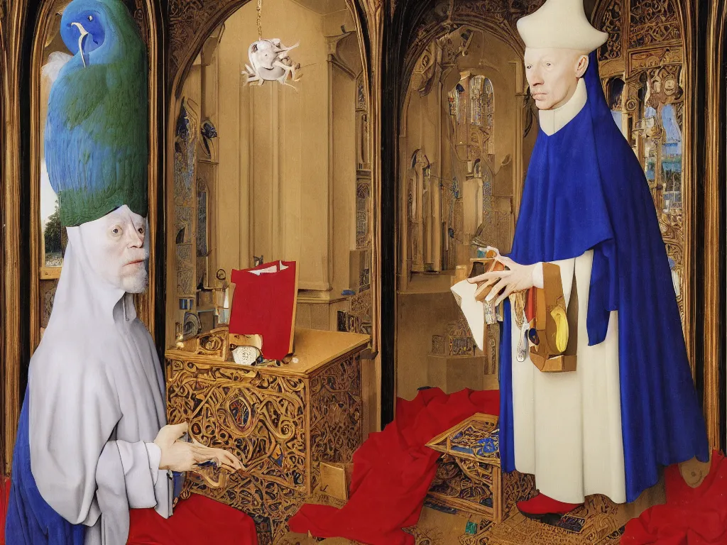 Image similar to Portrait of albino mystic with blue eyes, with Catholic reliquary. Painting by Jan van Eyck, Audubon, Rene Magritte, Agnes Pelton, Max Ernst, Walton Ford