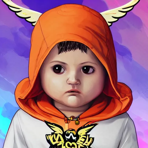 Image similar to baby Angel, baby cherub,wearing angel, face covered, Gucci, x logo, halo, ski mask, balaclava, face covered, wearing angel halo covered face, orange hoodie, hip hop, multiple golden necklaces, Nike, fantasy art apex fortnite Video game icon, 2d game art gta5 cover , official fanart behance hd artstation by Jesper Ejsing, by RHADS, Makoto Shinkai and Lois van baarle, ilya kuvshinov, rossdraws