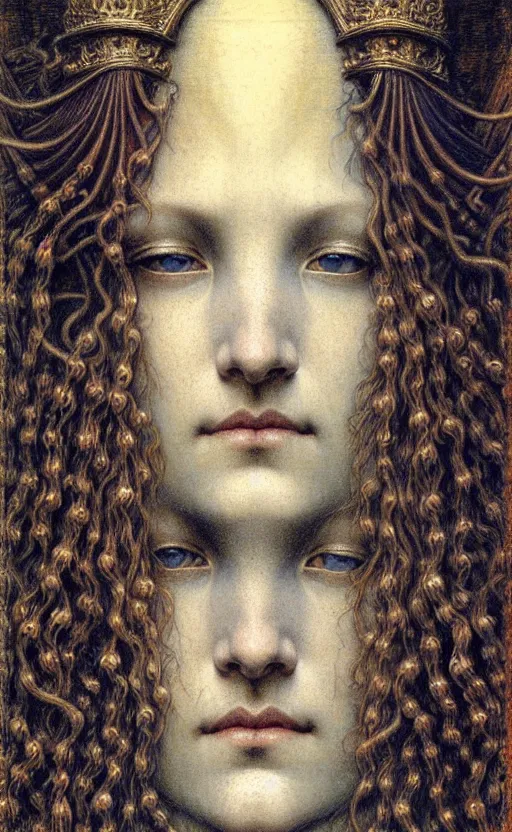 Image similar to detailed realistic beautiful young medieval queen face portrait by jean delville, gustave dore and marco mazzoni, art nouveau, symbolist, visionary, gothic, pre - raphaelite. horizontal symmetry