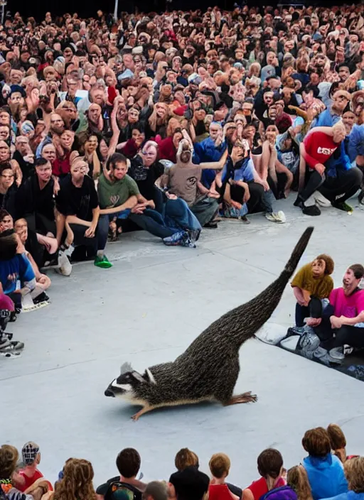 Prompt: a large audience watching a breakdancing badger on stage