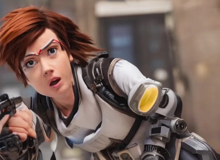 Prompt: a film still of a a woman called tracer from overwatch in doctor who