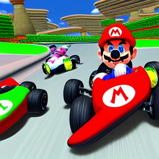 Prompt: car racing through mario kart with bikes instead of the gameplay being on a gba