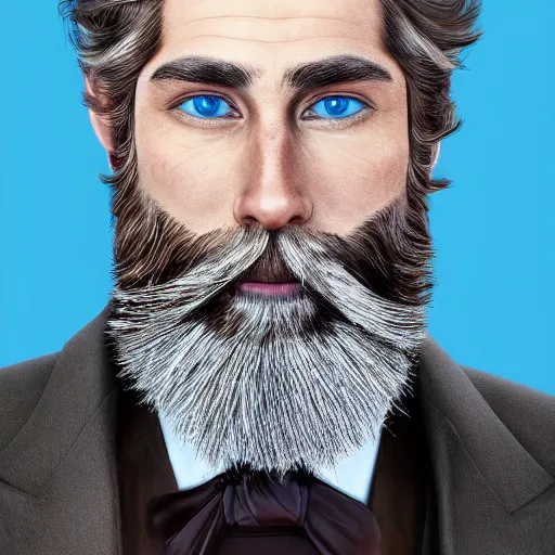 Image similar to a highly detailed portrait of a man, with a brown beard and hair, blue eyes, wearing a tuxedo, photo, hyperrealism, digital art