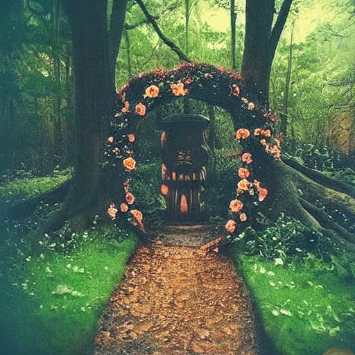 Image similar to dark forest with a portal that show to a dimension that is a flower garden, polaroid photo, perfect photo, photo pinterest