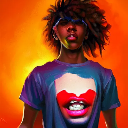 Image similar to colorful and festive captivating teenager with straight brown hair covering his eye, dark skin, big lips, big eyes, wearing a red t - shirt. rich vivid colors, ambient lighting, dynamic lighting, 4 k, atmospheric lighting, painted, intricate, highly detailed by charlie bowater