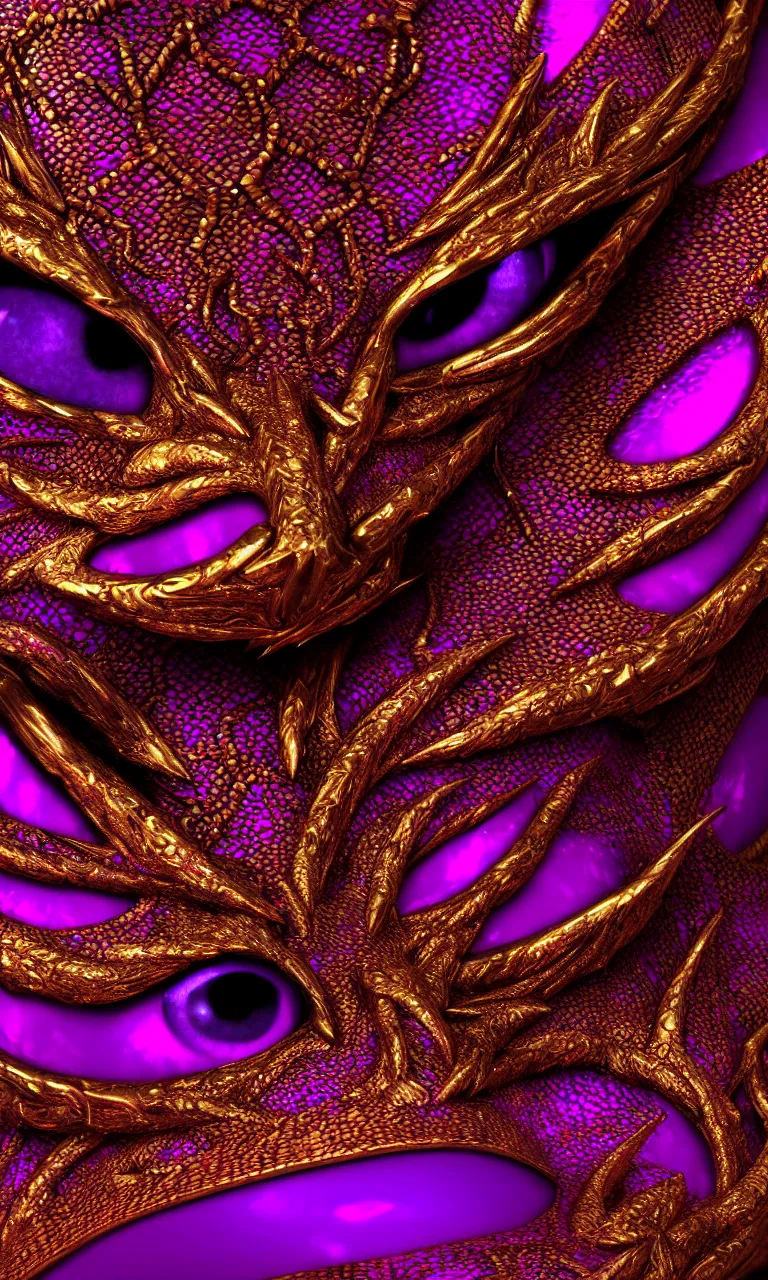 Image similar to purple and gold face of a dragon, symmetrical, ruby eyes, iridescent scales, hyperrealistic octane render 8 k, fantasy concept art