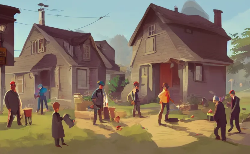 Image similar to a group of village farmers meet a local detective to outside his house, james gilleard, print, game art