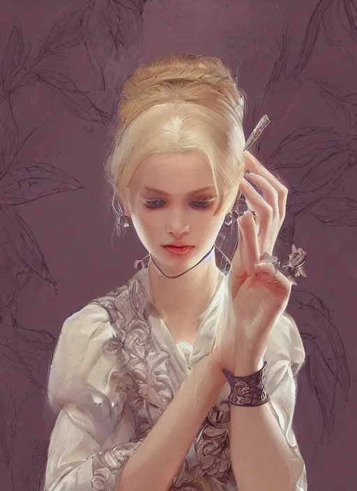 Prompt: a professional painting of an russian young blonde girl intricate, wearing russian ancient folk dress, elegant, digital painting, concept art, smooth, sharp focus, finely detailed illustration, beautifully framed, from Metal Gear, in the style of Artgerm and Greg Rutkowski and William-Adolphe Bouguerea