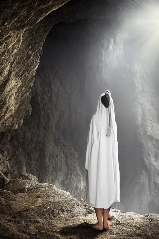 Prompt: a full body back samarai cloaked in white with white long hair, standing in light beam of a dark cave, high quality, ultra detail, wide view