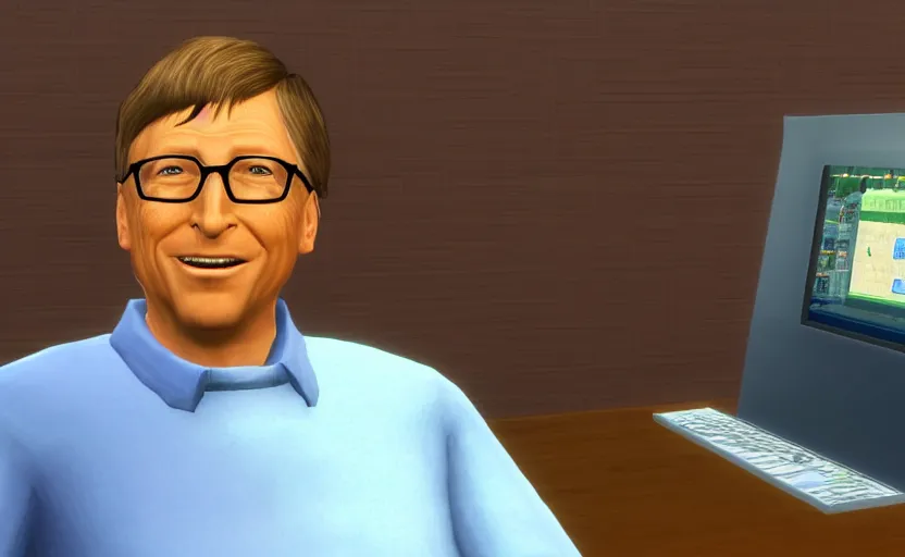 Image similar to bill gates wets himself in the sims 2, pc screenshot