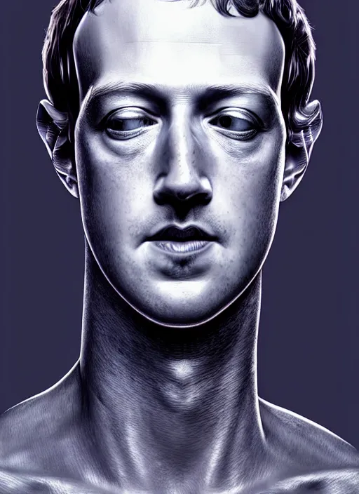 Image similar to mark zuckerberg as male android!!!, sci - fi, wires, dead eyes, portrait, intricate, elegant, highly detailed, digital painting, artstation, concept art, wallpaper, smooth, sharp focus, illustration, art by h. r. giger and artgerm and greg rutkowski and alphonse mucha