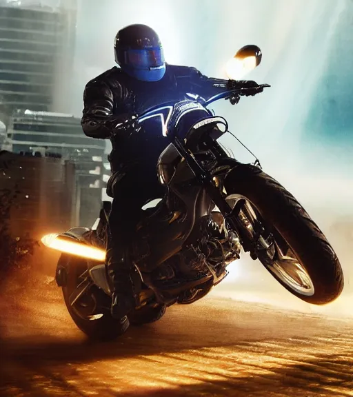 Prompt: mamimi samejima riding in a motorcycle race to the ancient and majestic tower of babylon destroyed, tron legacy, hyper realistic, ambient lighting, concept art, intricate, hyper detailed, trakovsky greatest scene, smooth, dynamic volumetric lighting, octane, raytrace, cinematic, high quality, high resolution, 4 k, cgsociety, rutkowski, gurney