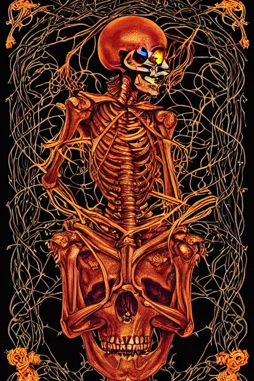 Prompt: Full Human Skeleton wrapped in vines + black paper + elements + red + gold + neon + baroque + rococo + white + orange+ ink + tarot card with ornate border frame + marc Simonetti, paul pope, peter mohrbacher, detailed, intricate ink illustration, global illumination, 8k resolution, face, short leg, long torso, low shoulder, long arm, asymmetric face, muted colors, occult symbols hidden, on old amber paper, RPG portrait, dynamic lighting