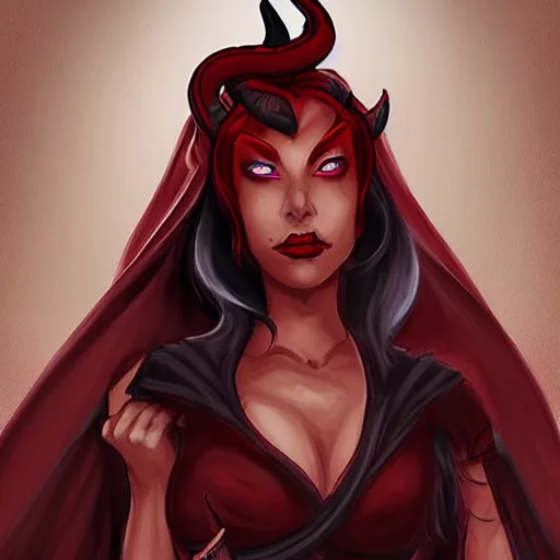 Prompt: Dungeons and Dragons character art for a female tiefling with red skin, freckles, and a black cloak