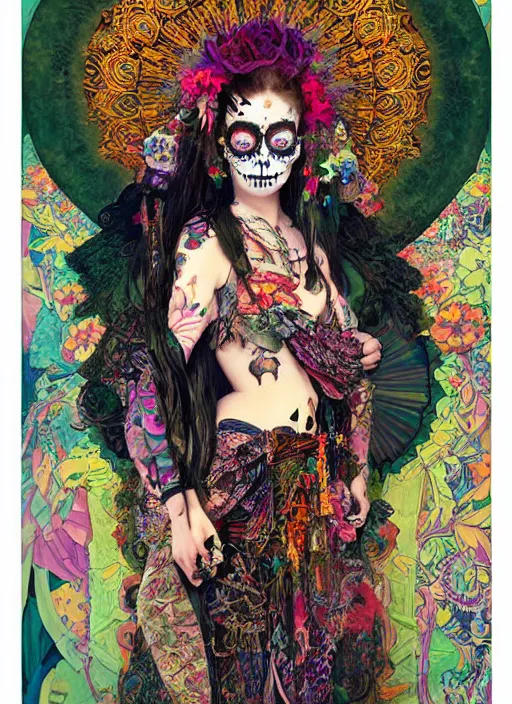 Prompt: cute punk goth fashion fractal Día de los Muertos tattooed hippy girl wearing kimono posing by Zhang Jingna, psychedelic poster art of by Victor Moscoso Rick Griffin Alphonse Mucha Gustav Klimt Ayami Kojima Amano Charlie Bowater, masterpiece