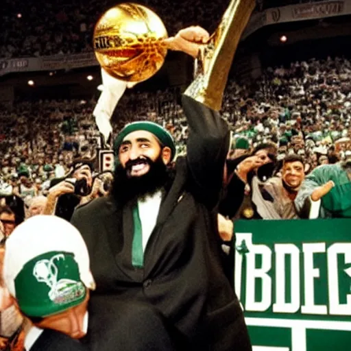 Image similar to photo of osama bin laden lifting nba larry o'brien trophy, boston celtics